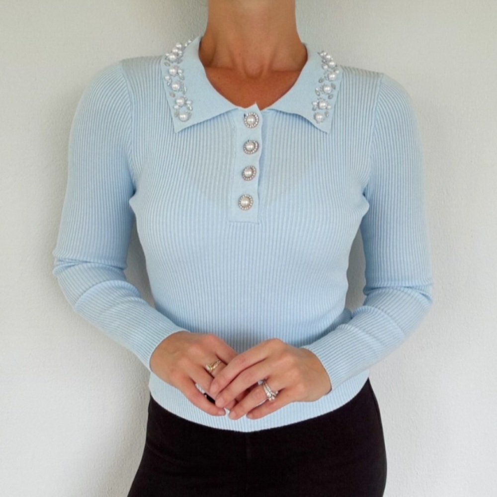 Lizette Collection baby blue beaded pearl collar ribbed knit sweater top small
